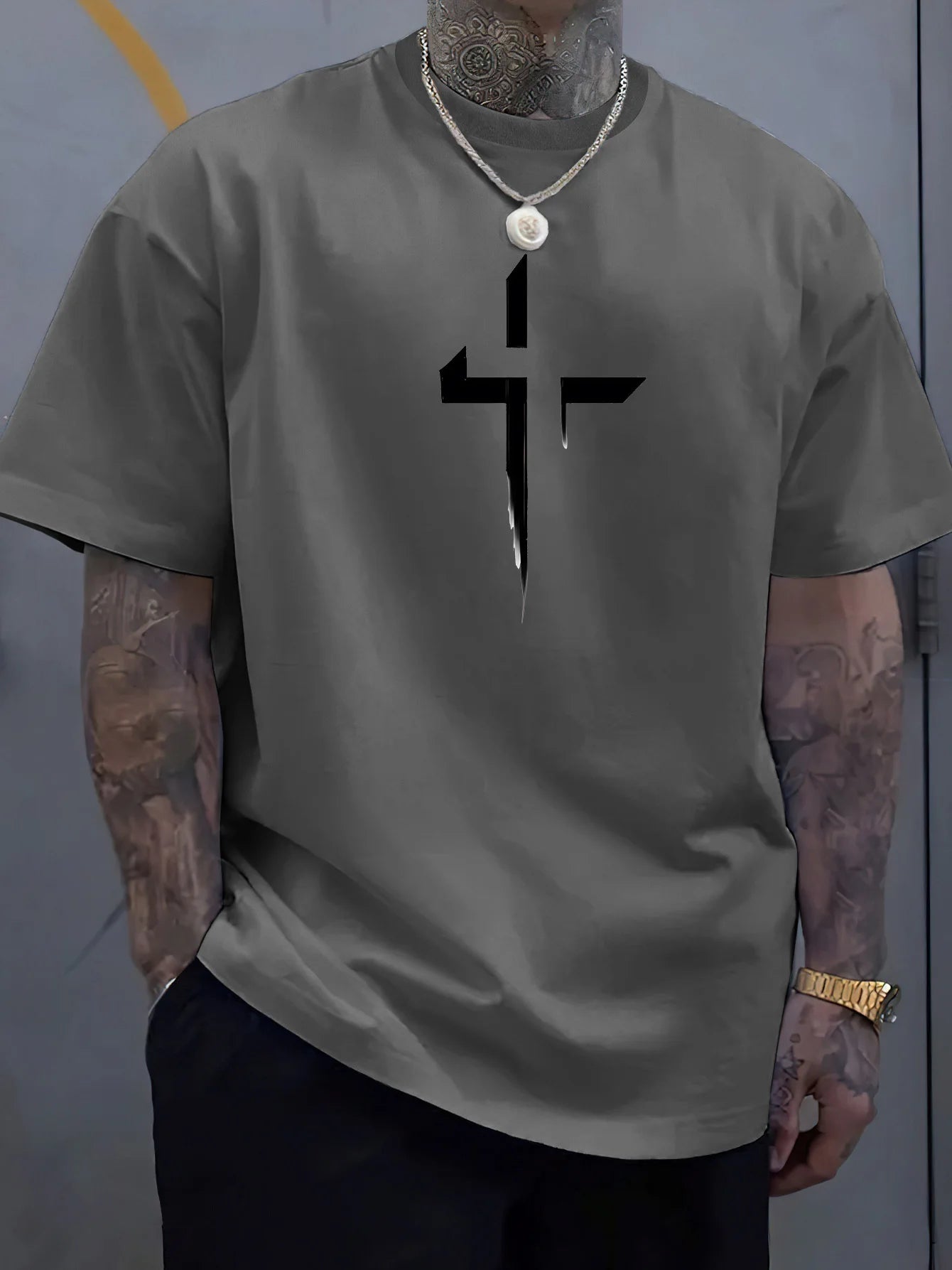 T-Shirt Homme 100% Coton Pur Imprimé Croix Créatif Loose Grande Taille Col Rond Manches Courtes Sport Casual Été Confortable | Mode Homme Tendance