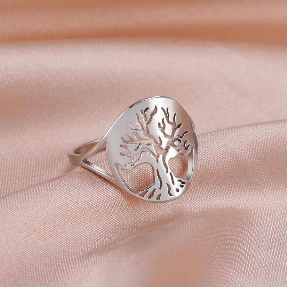 Bague Arbre de Vie Acier Inoxydable Argenté – Symbole Nature & Spiritualité | Bijou Unisexe Couple & Mariage | Cadeau Intemporel