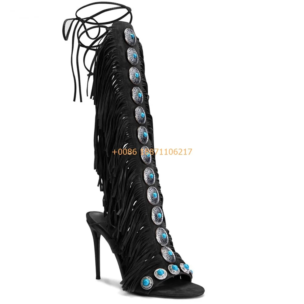 Bottes Gland Gemmes Catwalk Stiletto Femme – Luxe Romain Bout Ouvert Scène Mode