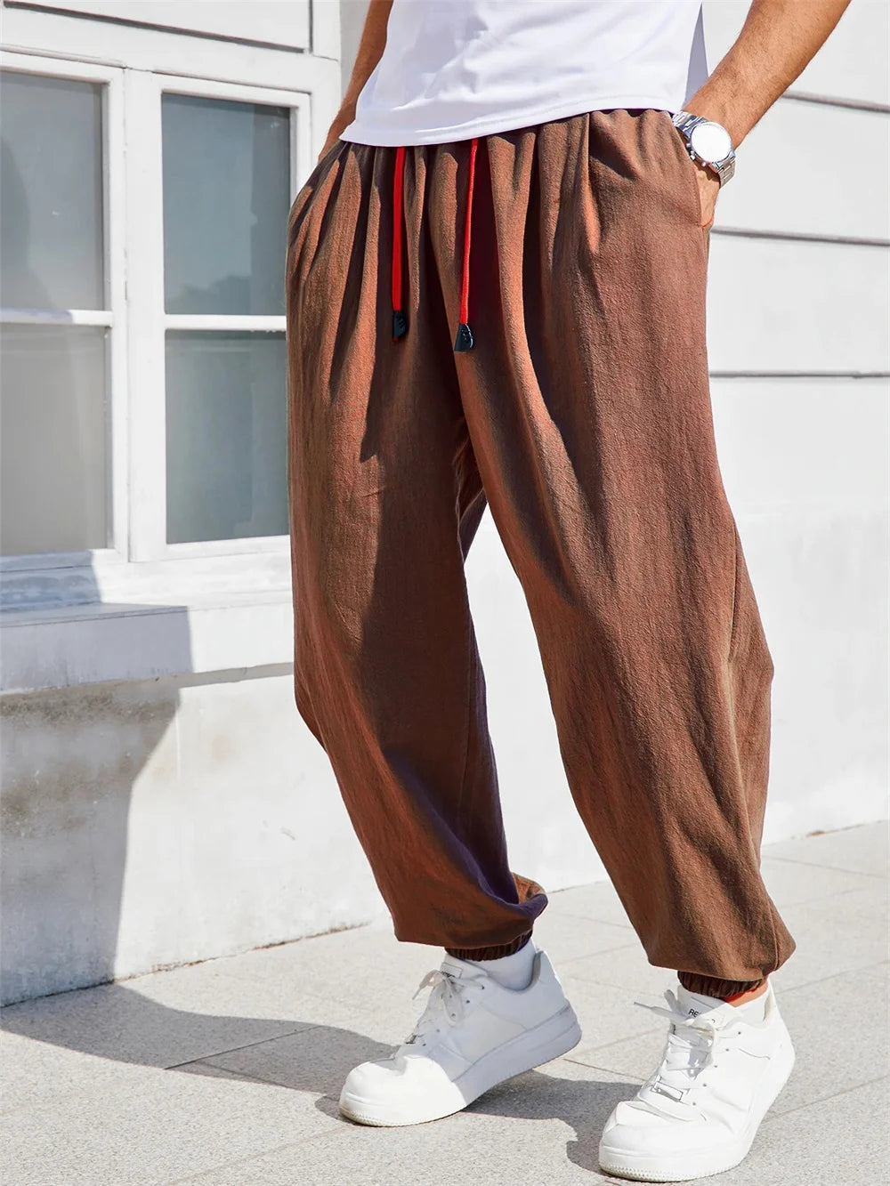 Herren Sarouel Hose Leinen Baumwolle Chinesischer Stil Loose Fit Einfarbig – Bequeme Jogger Hohe Qualität Casual | Herrenmode Zen