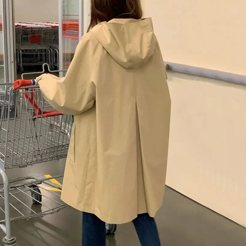 Coupe-Vent Femme À Capuche Loose Doublé Manches Longues – Veste Trench Casual Chic Printemps Automne | Mode Tendance