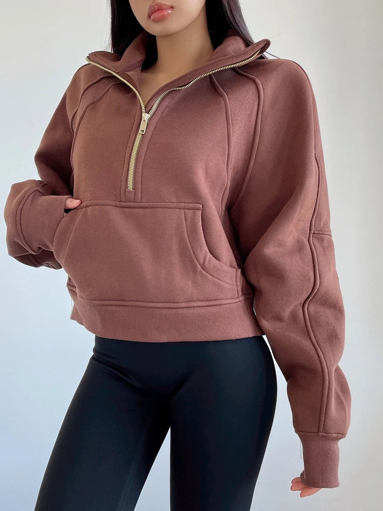 Sweat Femme Oversize Zip Polaire – Hoodie Streetwear Chaud Casual Rose Blanc