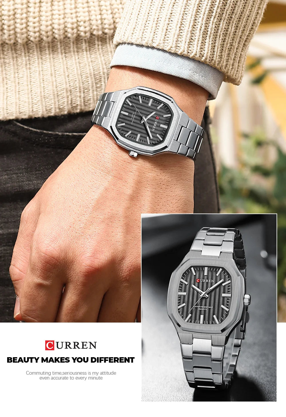 Montre Homme CURREN Business Carré Quartz – Acier Inoxydable Lumineux Étanche Classique