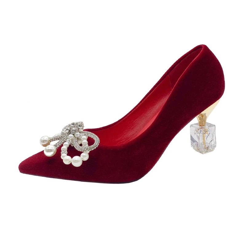 Chaussures Mariée Perle Talon Épais Bout Pointu – Xiuhe Robe Mariage Confortables
