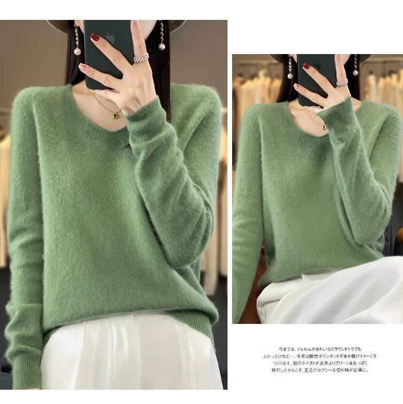 Kaschmirpullover 100% Wolle V-Ausschnitt Damen - Strick Casual Korean Fashion Herbst Winter