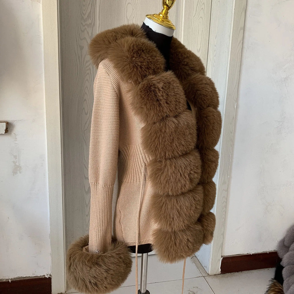 Damen Cardigan Strick Kragen Kunstpelz Fuchs Elegant – Chic & Luxuriöser Pullover Mantel | Frühling Herbst