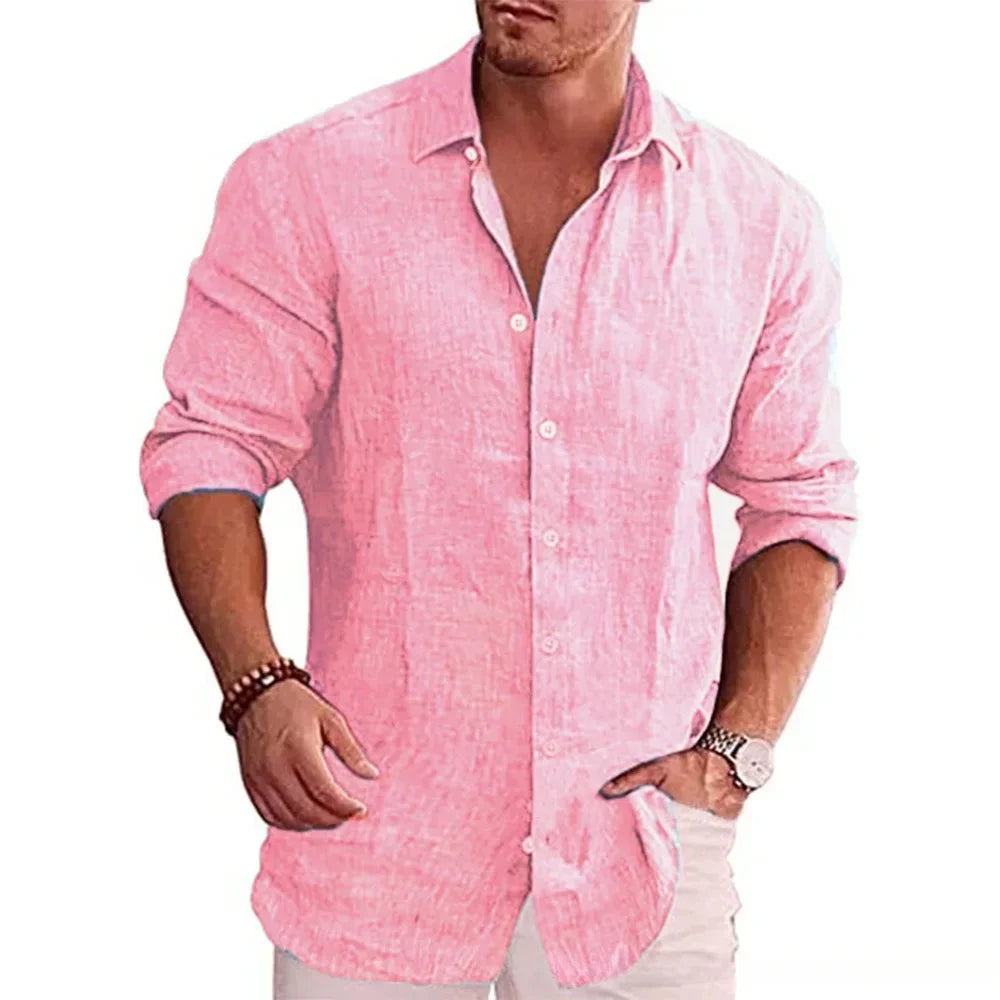 Chemise Homme Lin Coton Manches Longues Couleur Unie Casual Resort Style Polyvalente Automne Élégante Respirante – Chemise Lin Premium Toutes Saisons | Mode Homme Premium