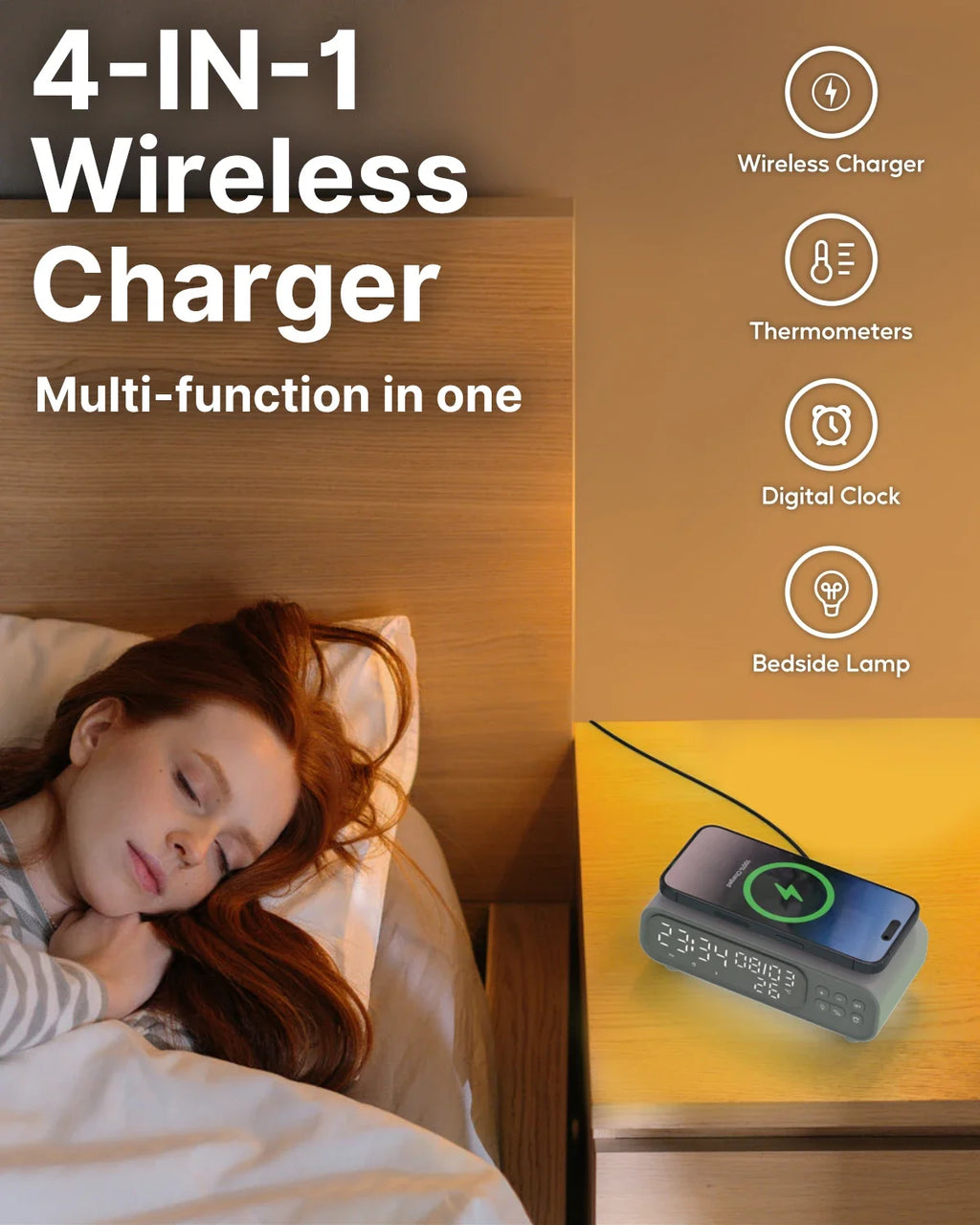Chargeur Sans Fil 15W Horloge Alarme LED – Thermomètre Veilleuse Dock iPhone Écouteurs