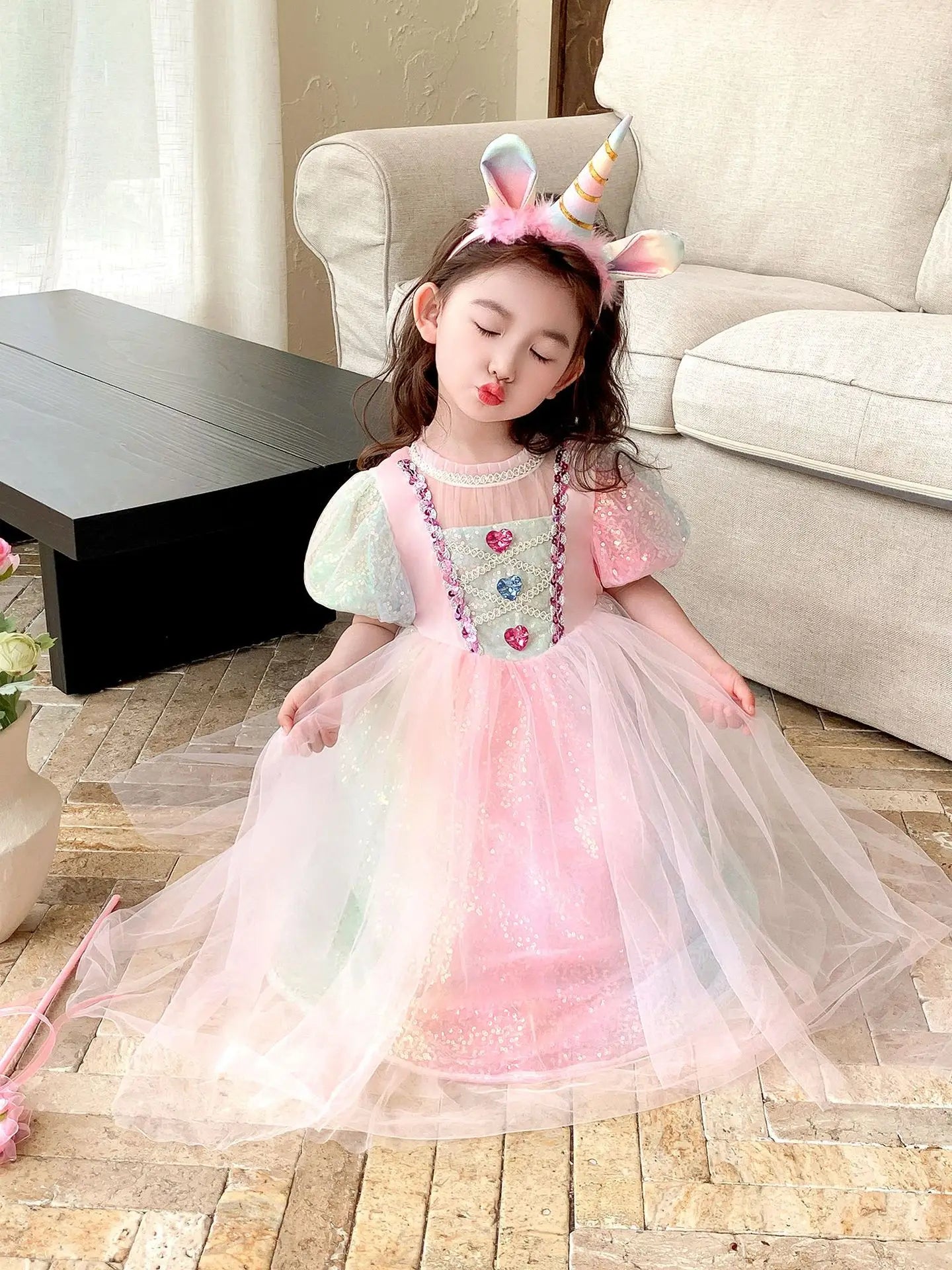 Meerjungfrau Prinzessin Kleid Mädchen Pailletten Perlen Puffärmel – Faschingskostüm Halloween Cosplay