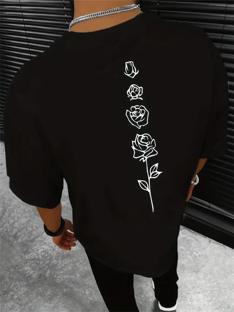 T-Shirt Homme Été Loose Fit 100% Coton Imprimé Roses – Casual Tendance Floral Confortable | Mode Homme Streetwear