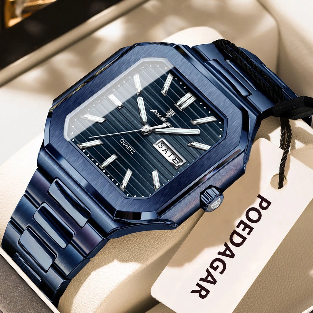 Montre Carrée Luxe Homme Poedagar – Quartz Étanche Lumineuse Date Semaine Acier Inoxydable Fashion