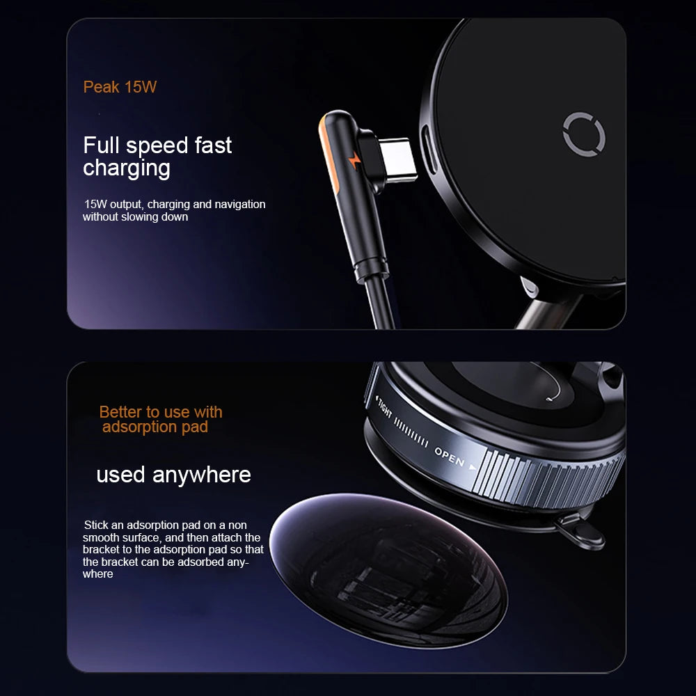 Support Voiture Magnétique 15W 360° Pliable – Chargeur Sans Fil Ventouse Navigation GPS