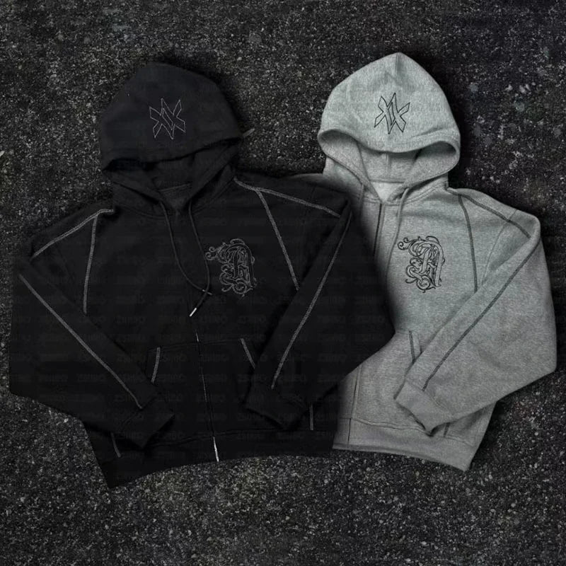 Ensemble 2 Pièces Y2K Américain Unisexe – Sweat Capuche Zip Oversize Broderie Hip Hop + Jogging Casual Homme & Femme | Streetwear