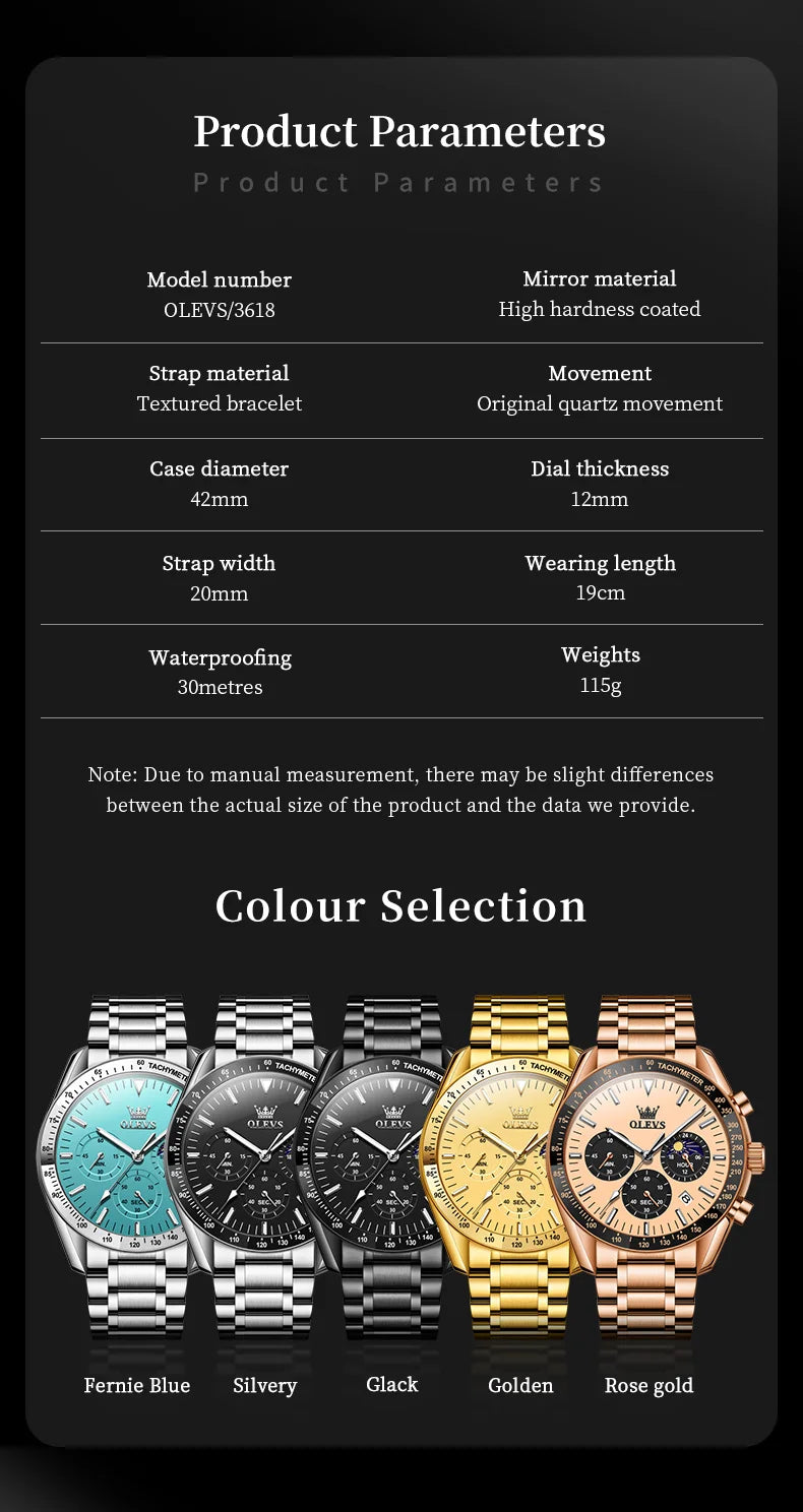 Montre Homme OLEVS Chronographe Phase de Lune Quartz Bleu Acier – Étanche Lumineux Date Fashion