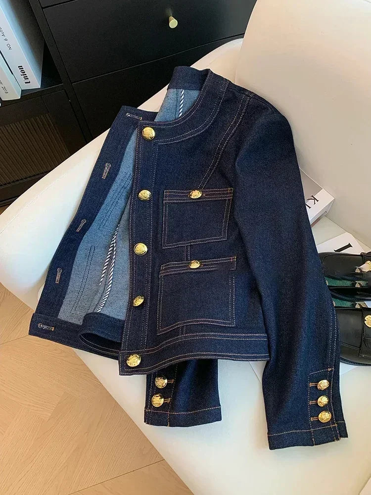 Veste Courte Femme Denim Bleu Col Rond Poches Style Coréen Ample – Mode Chic & Classique | Automne