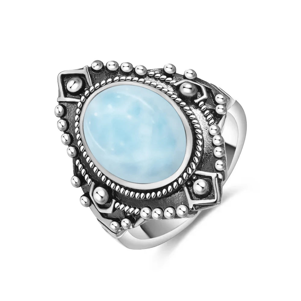 Bague Argent 925 Pierre Larimar Naturelle Vintage – Forme Fleur Ronde Bleu Ciel & Eau de Mer | Bijou Fin Unisexe Pierre Rare des Caraïbes & Cadeau Premium