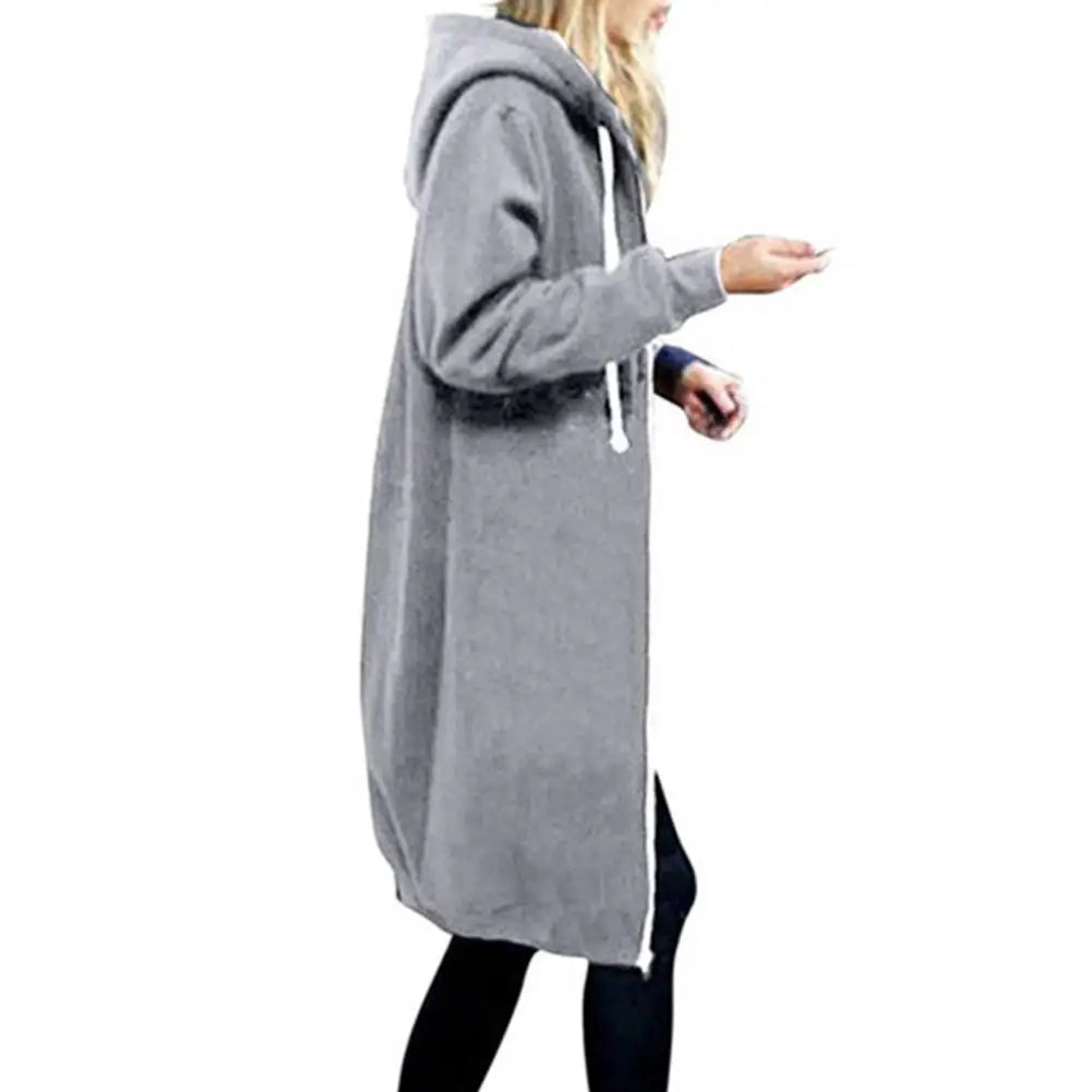 Veste Sweat Femme Polaire À Capuche Longue Zip Manches Longues Ample – Chaud & Confortable | Automne Hiver