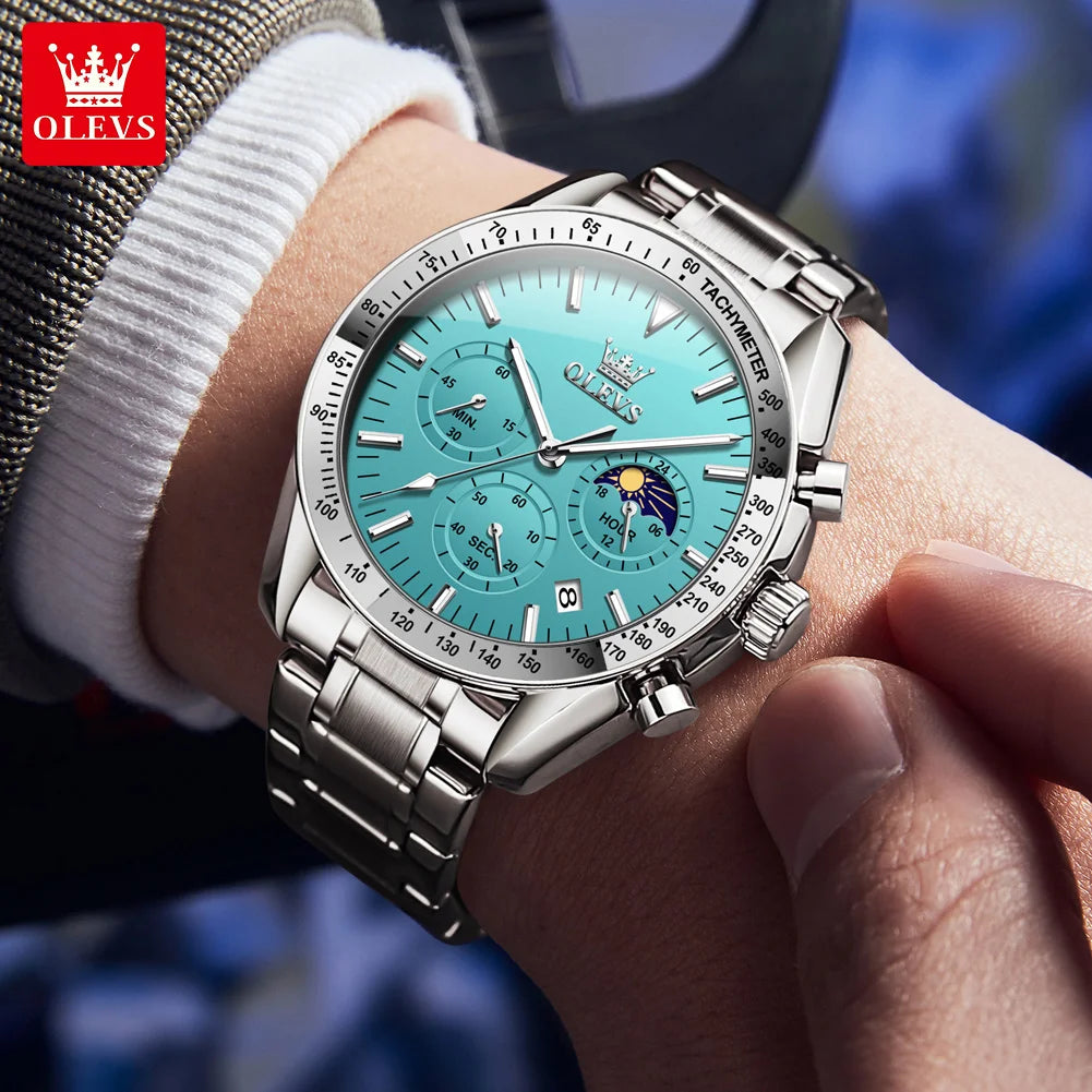 Montre Homme OLEVS Chronographe Phase de Lune Quartz Bleu Acier – Étanche Lumineux Date Fashion