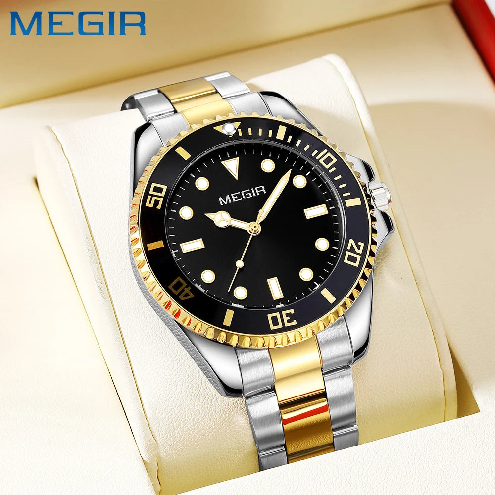 Montre Homme Luxe MEGIR Quartz Acier Calendrier – Classique Étanche Fashion