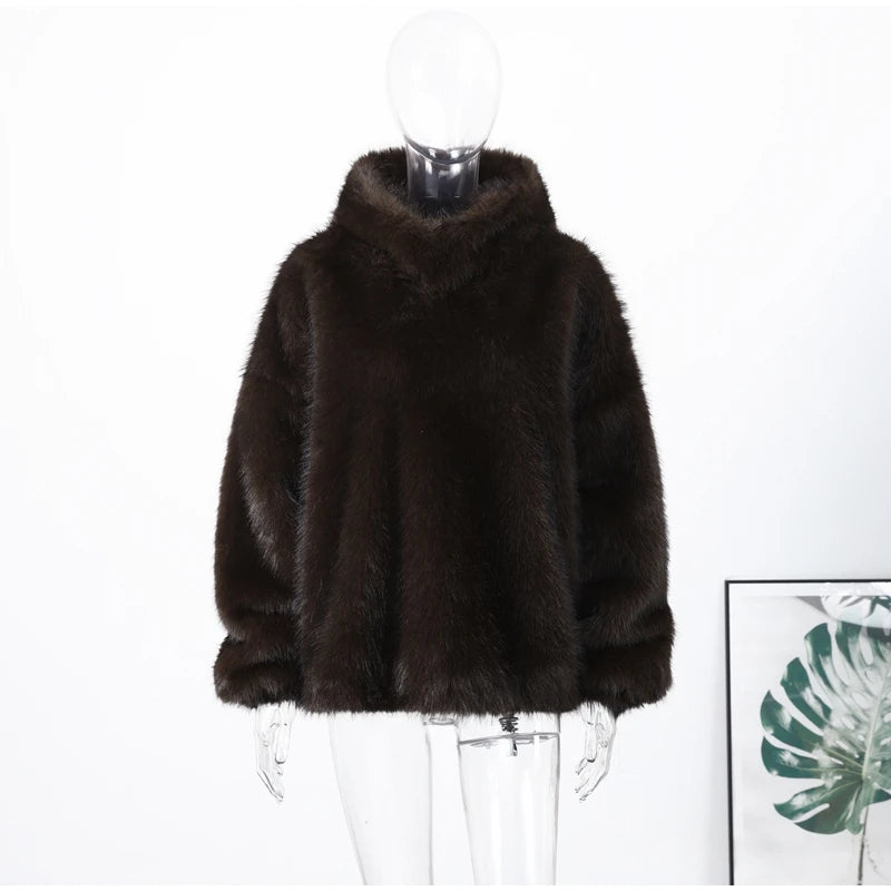 Manteau Fourrure Synthétique à Capuche Femme – Pull Oversize Chaud Marron | Mode Streetwear Automne Hiver