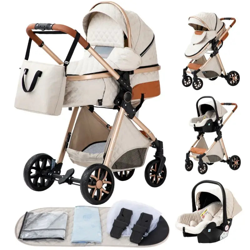 Poussette Bébé 3 en 1 Pliable Aluminium – Haute Vue, Nacelle & Siège, Voyage Compact | Nouveau-Né & Nourrisson