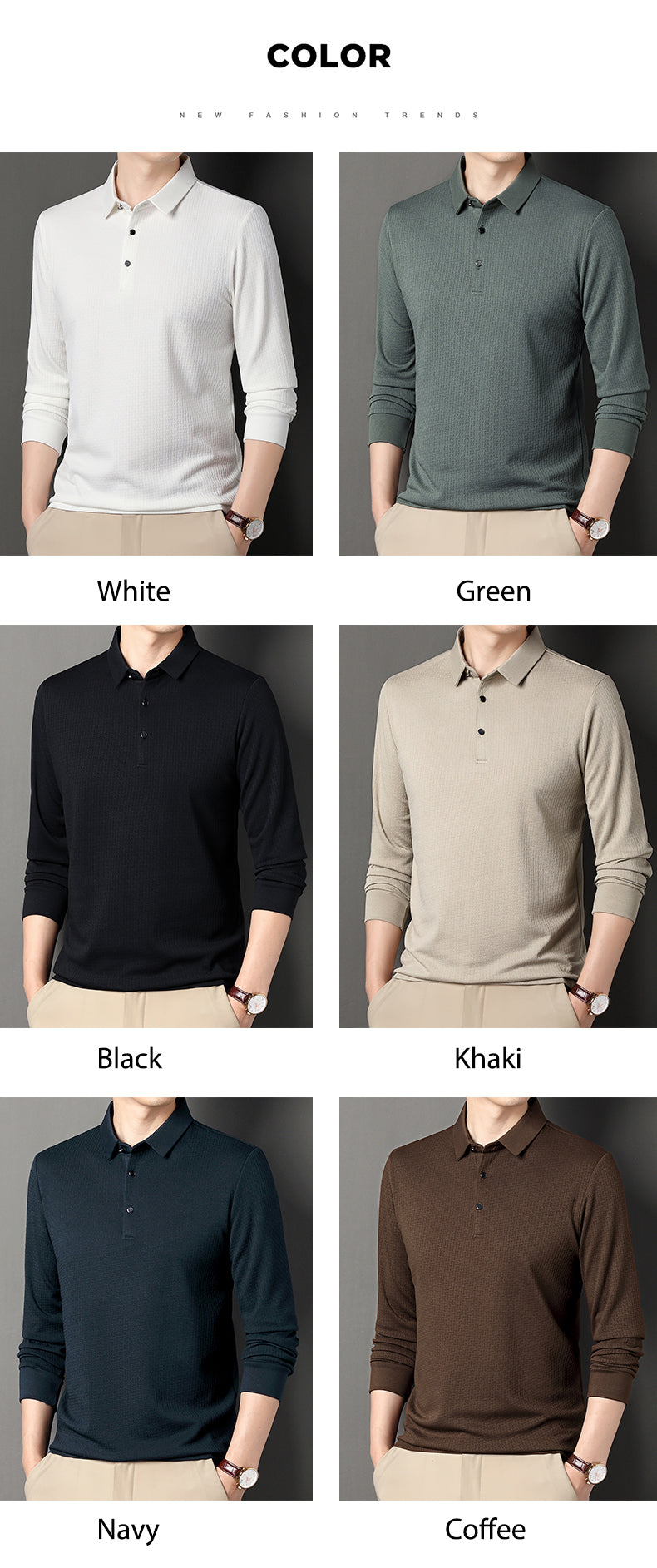 Polo Homme Manches Longues Ajourné Respirant Business Fashion Golf Élégant Grande Taille 4XL Intemporel Confortable – Polo Ajourné Premium Manches Longues Golf | Mode Homme Business Golf Premium
