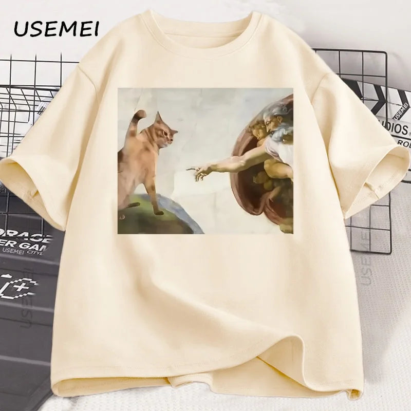 T-Shirt Unisexe Humour Chat Dieu Création d'Adam Meme Jésus Coton Vintage Manches Courtes Col Rond – Streetwear Meme Culte | Mode Casual