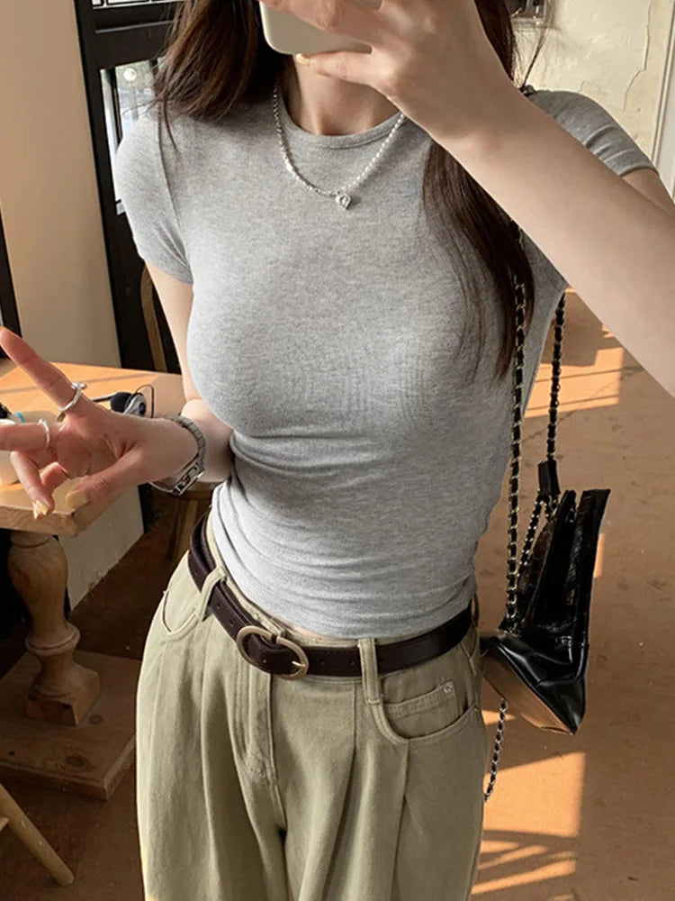 Crop Top Basique Uni Femme – Manches Courtes Col Rond Ajusté | Style Y2K Vintage Harajuku Streetwear