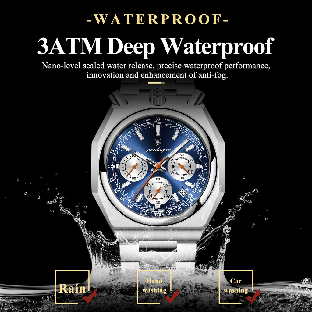Montre Homme Luxe POEDAGAR Chronographe Militaire Acier Inoxydable Lumineux Étanche + Boîte