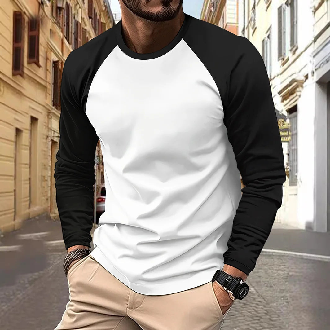 T-Shirt Homme Manches Longues Col Rond Patchwork Bicolore Raglan Casual – Tendance Printemps Automne Confortable | Mode Homme Streetwear