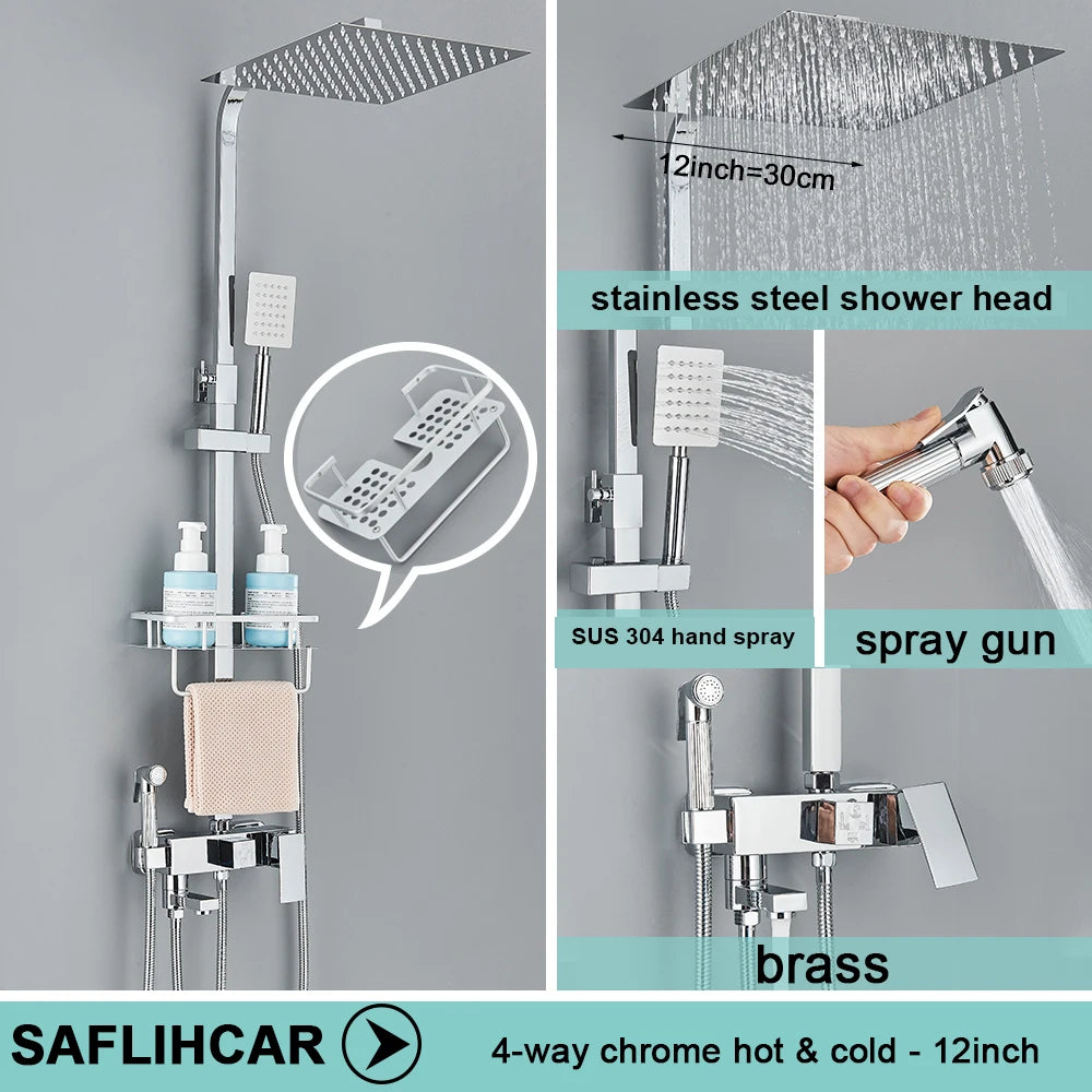 Ensemble Douche Pluie Mural Noir & Chrome Laiton – Étagère Offerte, Mitigeur Eau Chaude & Froide | Système Complet Salle de Bain