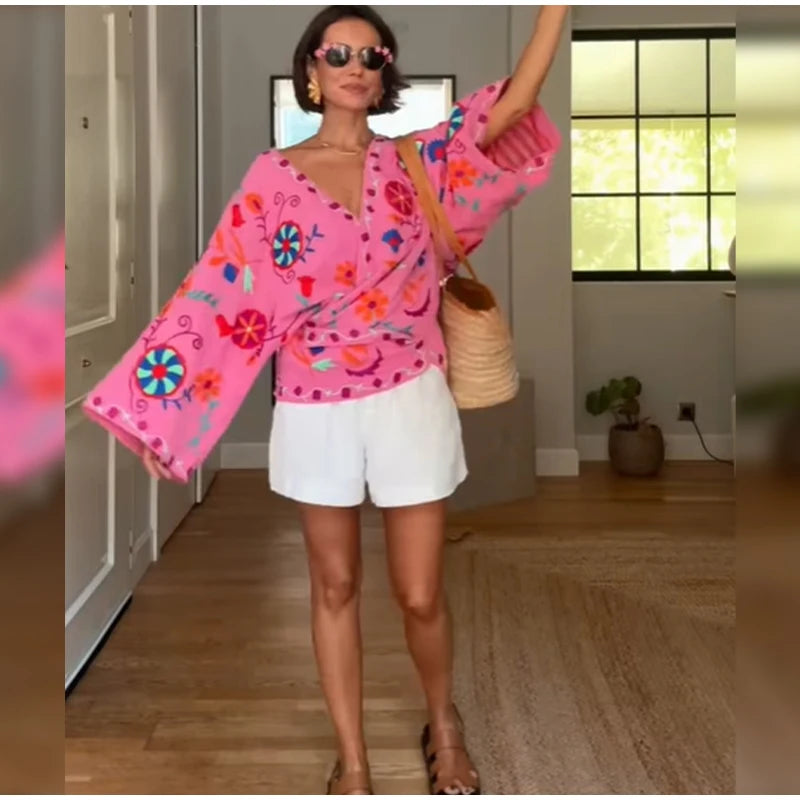 Veste Courte Femme Rose Brodée Laçage Col V Manches Longues Élégante – Casual Chic Street | Automne