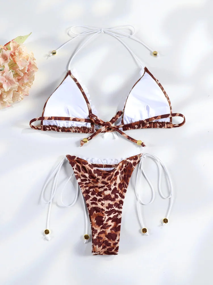 Bikini Femme 2 Pièces Imprimé Floral Micro Tanga Bandage Sexy – Maillot de Bain Été & Plage | 2026