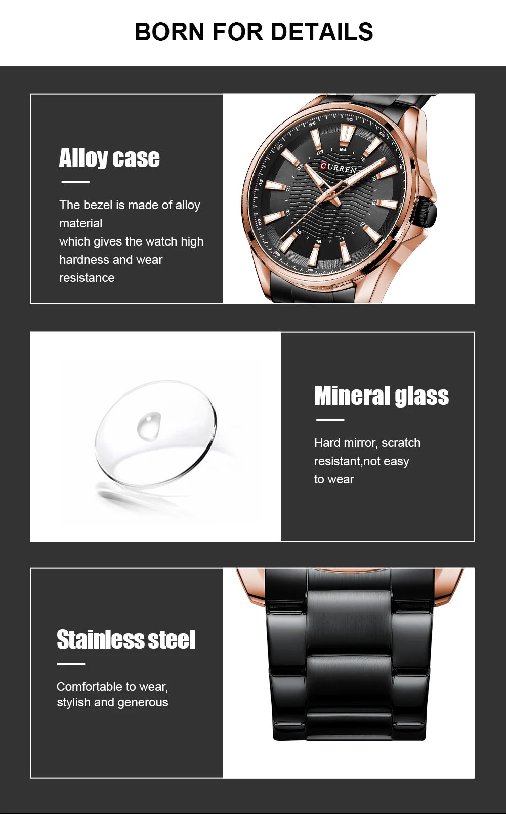 Montre Homme CURREN Business Casual Quartz 44mm – Acier Noir Lumineux Étanche Fashion