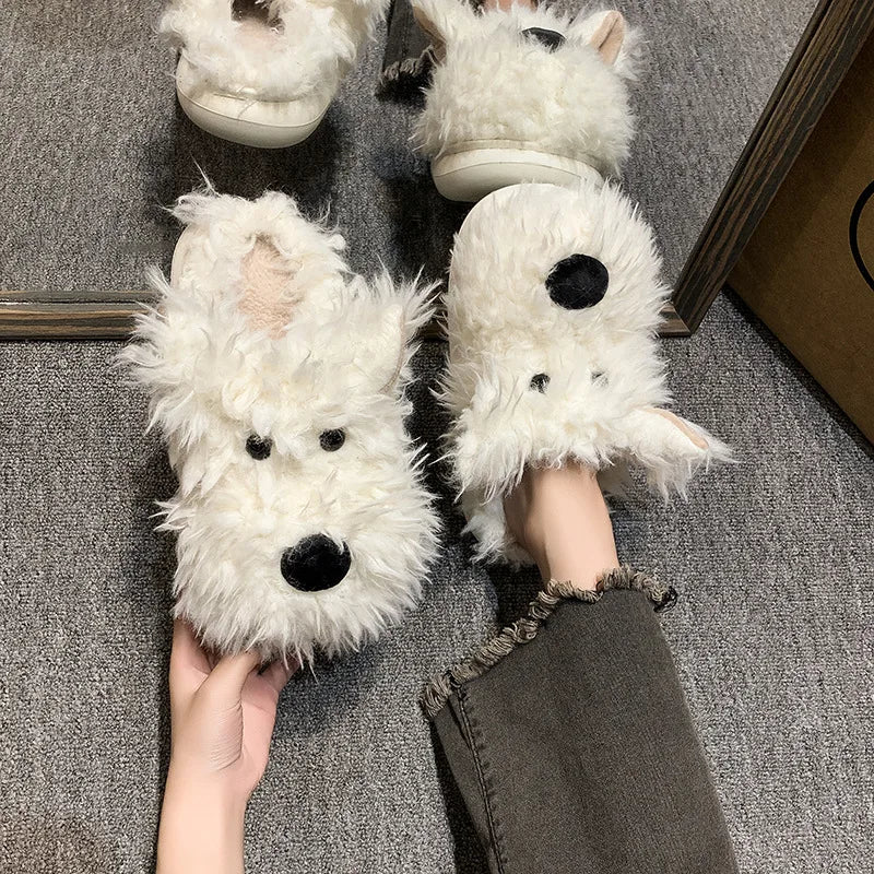 Chaussons Chien Cartoon Plush Hiver Femme – Coton Chaud Non-Slip Intérieur Maison
