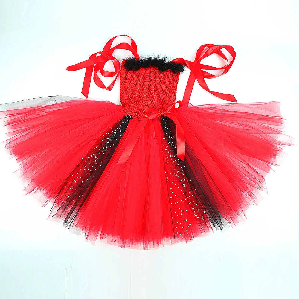 Déguisement Diablesse Rouge Fille – Robe Tutu Demon avec Ailes Cornes Trident Halloween Carnaval