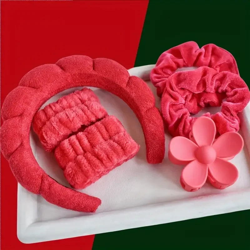 Set Spa 6 Pièces Velours - Bandeau, Pince & Bracelets Soin Visage & Maquillage