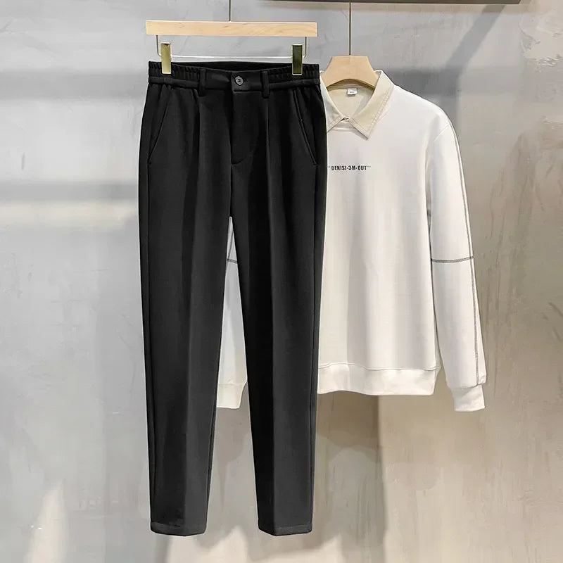 Pantalon Costume Homme Business Droit Laine Épaisse Ceinture Élastique Gris Marron Classique Korean Formal Automne Hiver – Pantalon de Costume Premium Toutes Tailles 28-38 | Mode Homme Business Premium