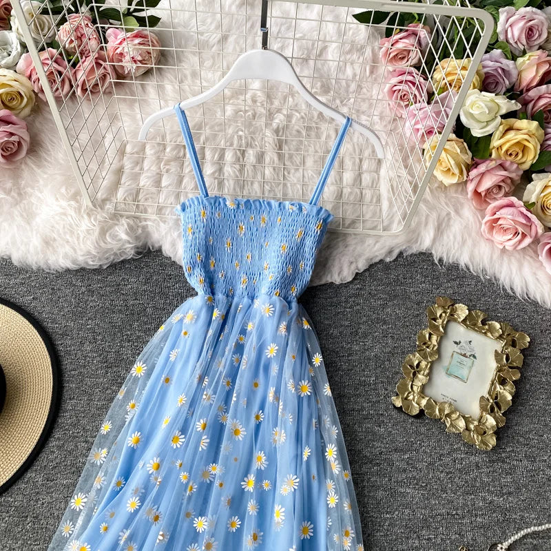 Robe Longue Dentelle Mesh Imprimé Marguerites - Bretelles Fines Fronces Sexy Korean Fashion Été