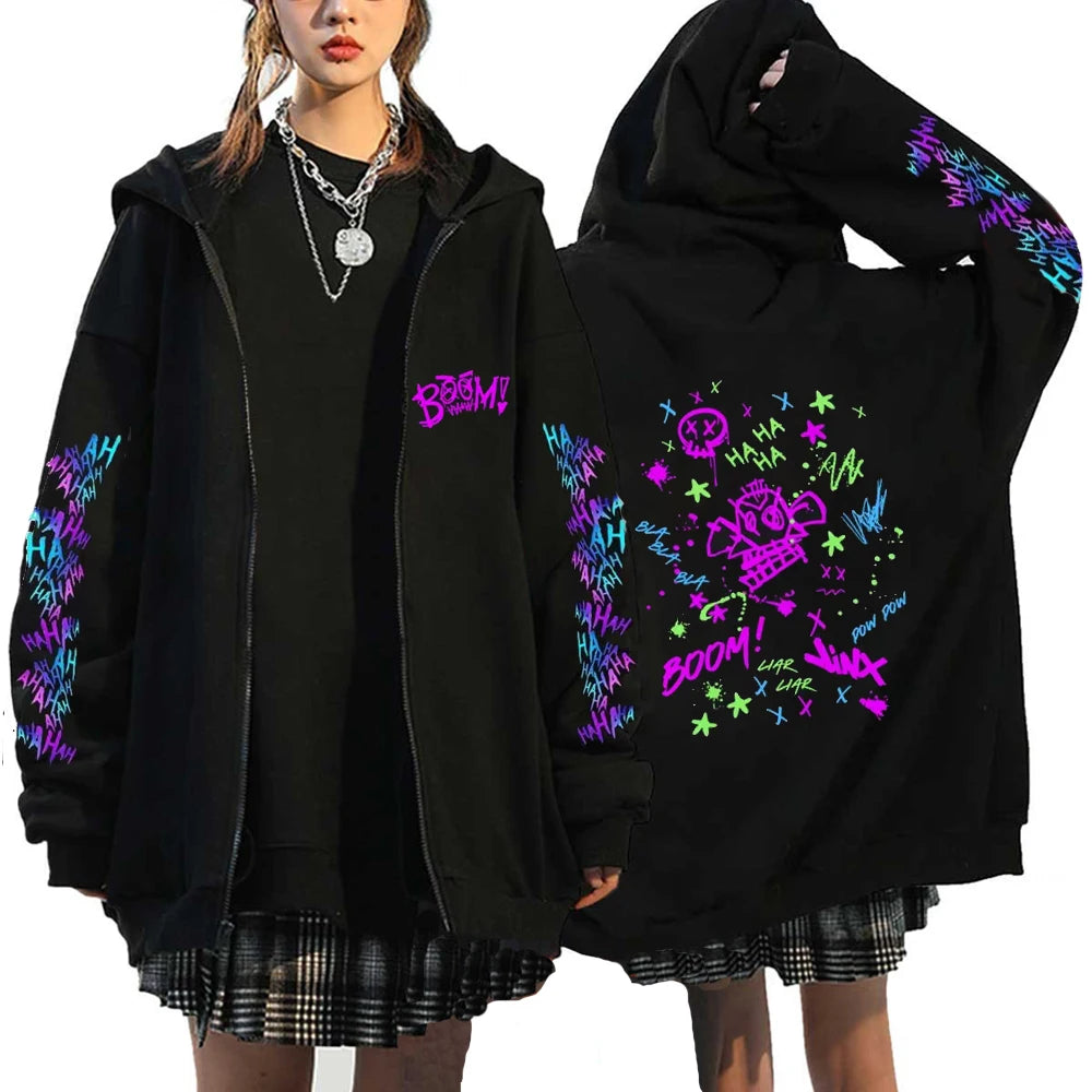 Kapuzenpullover Zip Arcane Jinx Harajuku Anime Graffiti – Streetwear Gothic Unisex Gamer