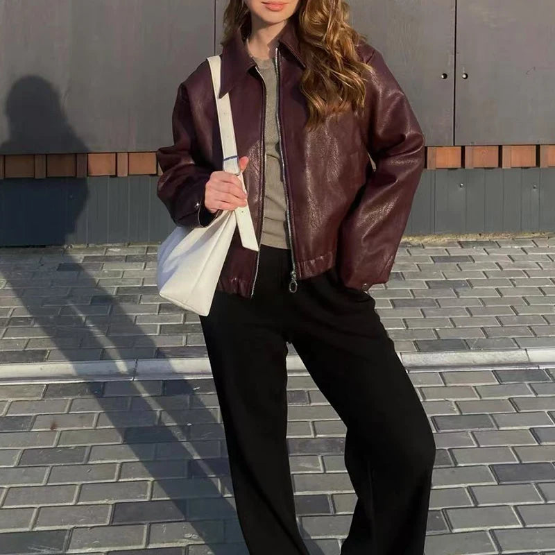 Veste En Cuir Streetwear Femme - Blouson Moto Casual Chic Noir & Rouge | Style Urbain