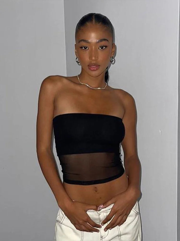 Crop Top Corset Femme Noir Mesh Patchwork Sans Bretelles Épaules Dénudées Slim Sexy – Streetwear Été | Cami