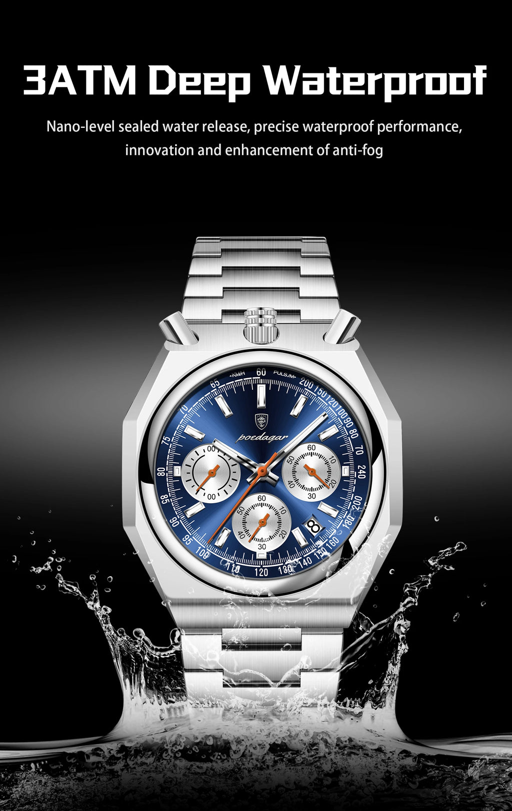 Montre Homme Luxe POEDAGAR Chronographe Militaire Acier Inoxydable Lumineux Étanche + Boîte