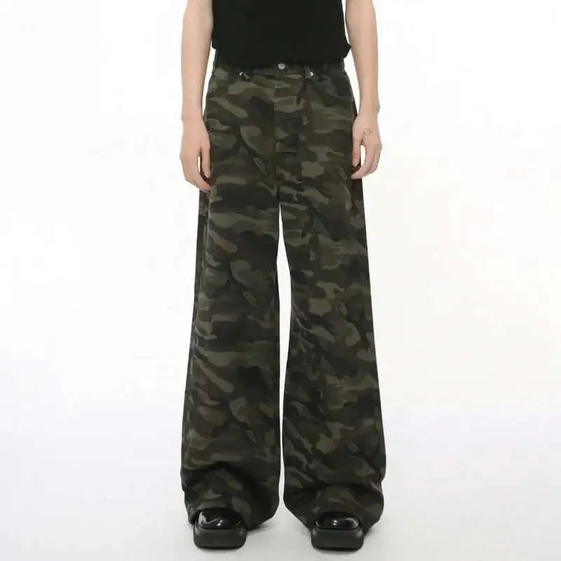 Jean für Herren, Camouflage, Vintage, Washed, weites Bein, Denim, Loose Fit, Casual, Herbst Winter, Hellblau, Streetwear, Trend, Komfortabel – Premium Camo Wide Leg Jeans | Herrenmode Denim Premium Streetwear