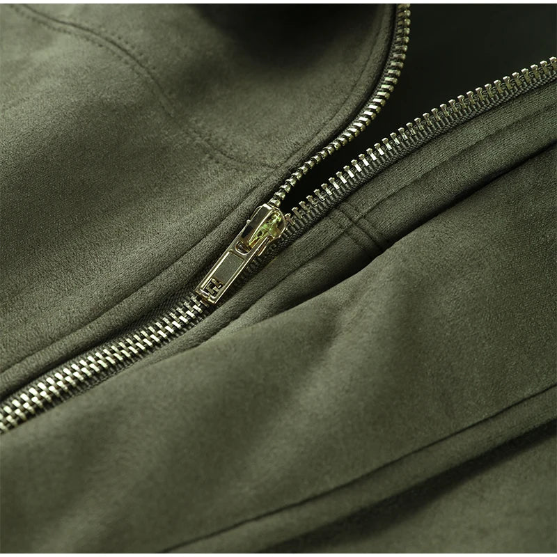 Veste Femme Suède Vert Élégante Manches Bouffantes Revers Fermeture Éclair Ample Plissée – Blouson Court Streetwear Printemps Automne | Mode 2025