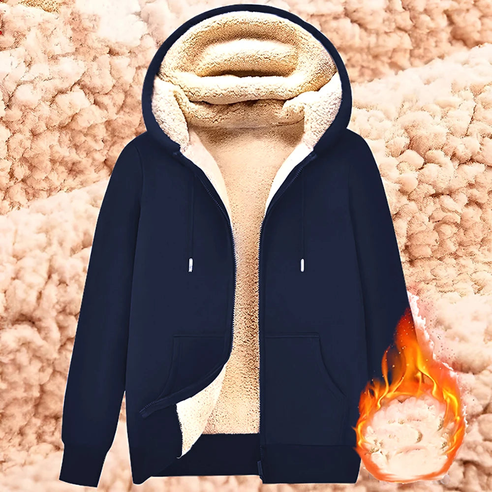 Unisex-Kapuzenstrickjacke aus Lammwolle, gefüttert mit Plüsch, Reißverschluss, Vordertaschen, warm für den Winter, einfarbig | Premium Hoodie aus Lammwolle