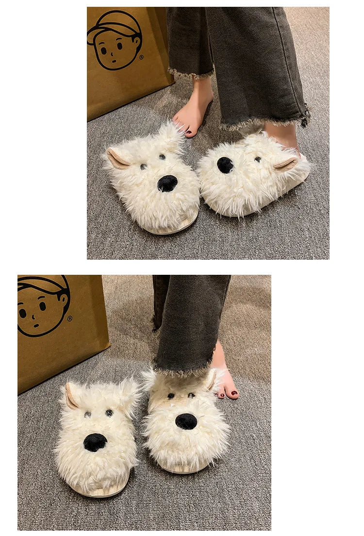 Chaussons Chien Cartoon Plush Hiver Femme – Coton Chaud Non-Slip Intérieur Maison
