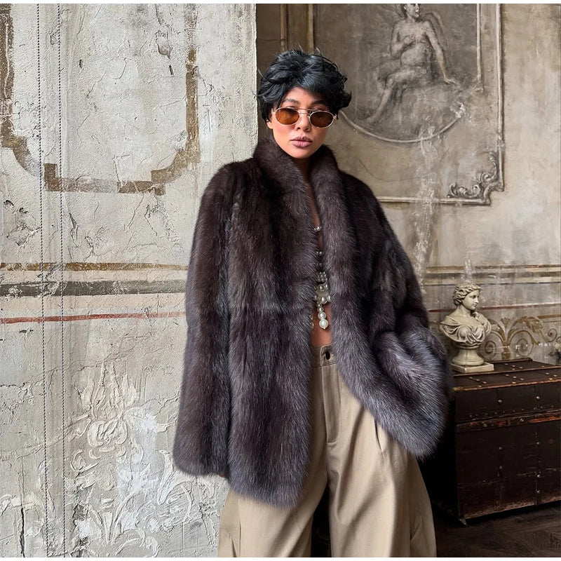 Manteau Femme Mi-Long Fausse Fourrure Col Revers Boutons Cachés Ample Élégant – Overcoat Bureau Chic | Hiver