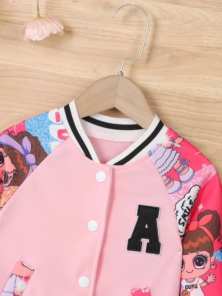 Veste Baseball Fille Imprimé Poupée Cartoon Lettre A – Blouson Casual Printemps Automne Enfant