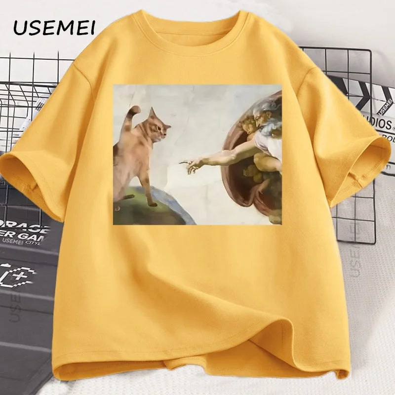 T-Shirt Unisexe Humour Chat Dieu Création d'Adam Meme Jésus Coton Vintage Manches Courtes Col Rond – Streetwear Meme Culte | Mode Casual